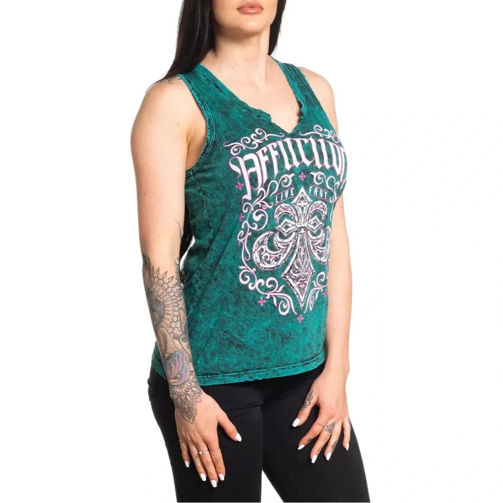 Affliction Women's T-Shirt Winter Epitaph Black Biker Tattoo - Picture 8 of 9